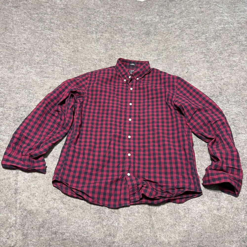 J Crew Mens Shirt Size L Red Black Check Flex Washed Slim Untucked Long Sleeve
